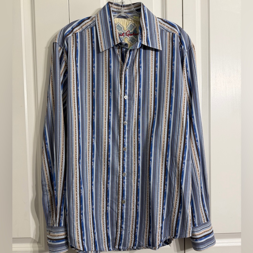 Robert Graham Men's Tailored Blue, Brown & Cream Embroidered Collar Shirt Size L